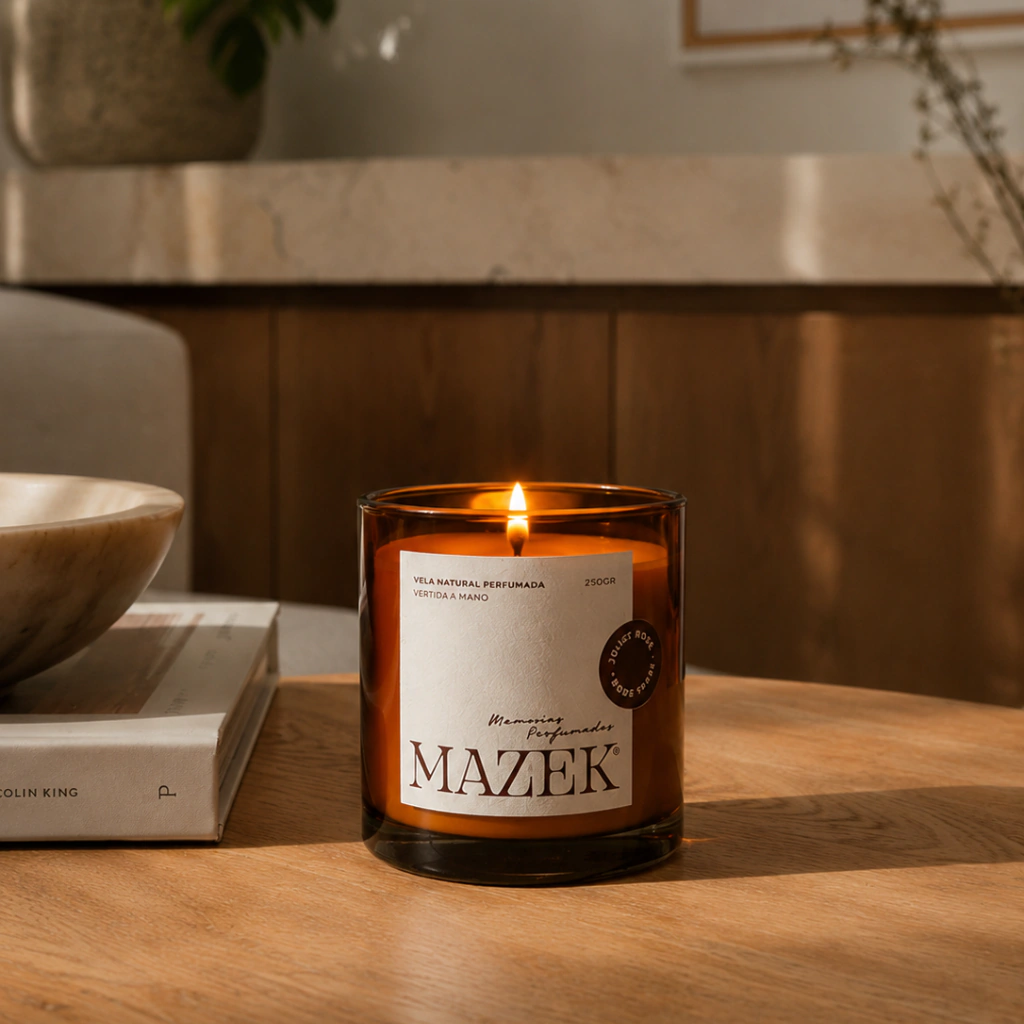 Vela natural perfumada Mazek encendida sobre una mesa de madera